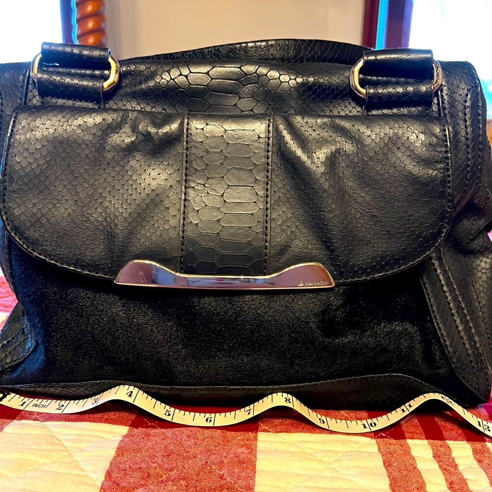 B.Makowski Satchel - Luxurious Black Genuine Leather with Cow Fur Accents